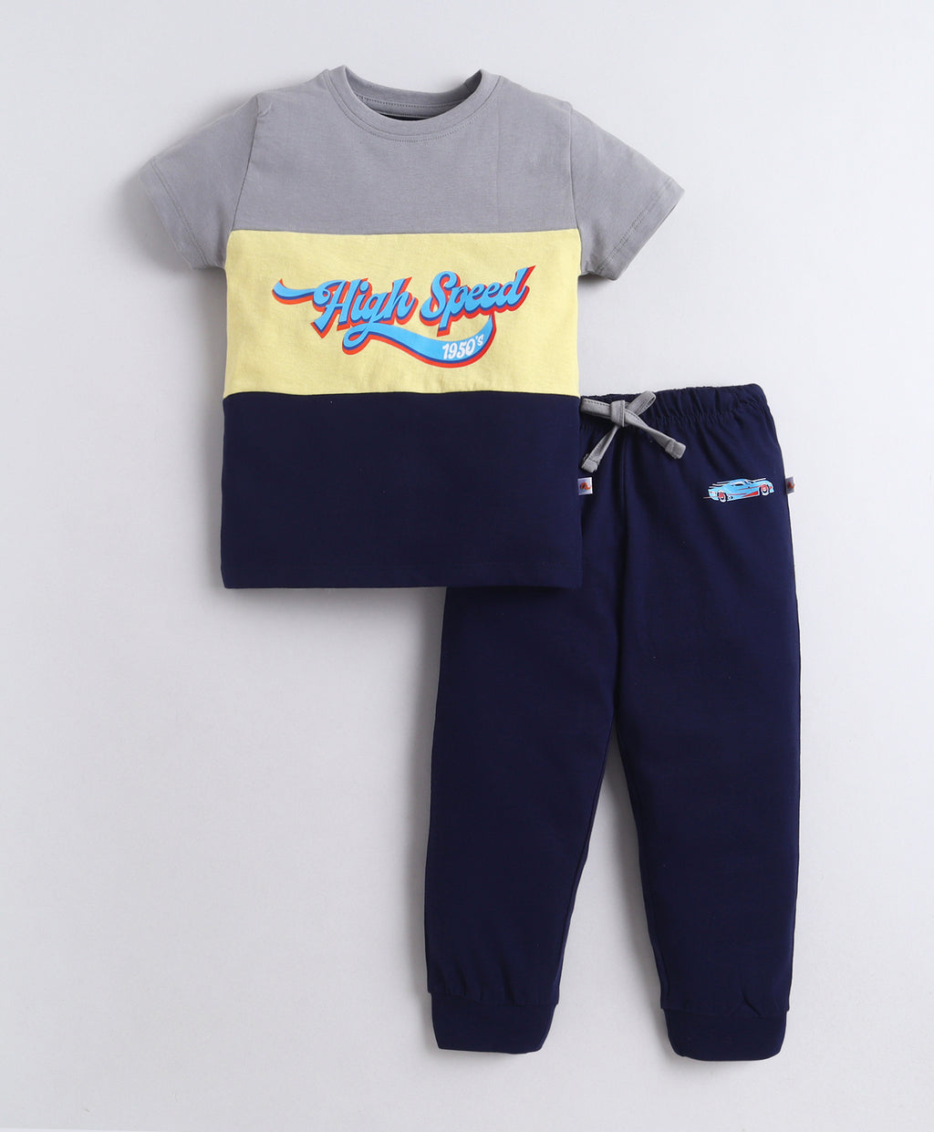 Bumzee Navy & Grey Graphic Print T-Shirt & Pyjama Set, Half Sleeves, 100% Cotton