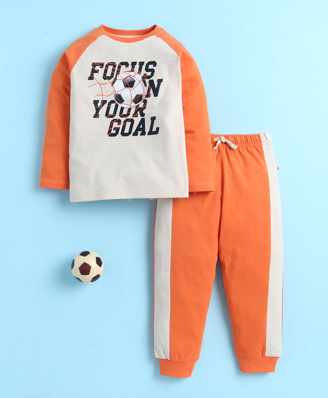 Beige & Orange Boys Full Sleeves Cotton T-Shirt & Pyjama Set