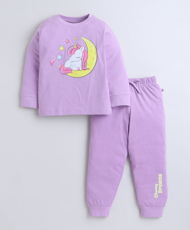 Lilac Girls Full Sleeves Cotton T-Shirt & Pyjama Set