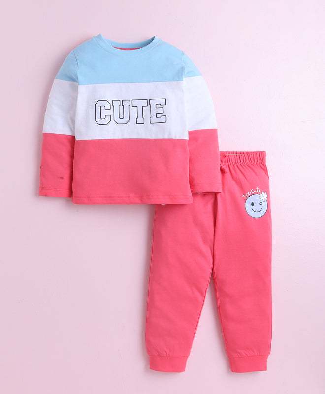Pink & Multi Girls Full Sleeves Cotton T-Shirt & Pyjama Set