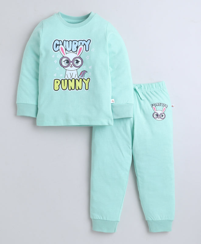 Green Girls Full Sleeves Cotton T-Shirt & Pyjama Set