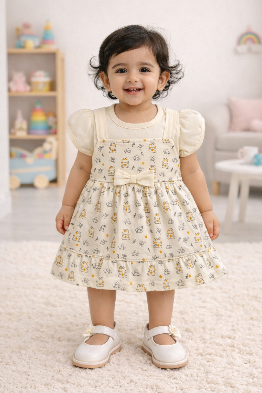 Cream Girls Half Sleeves Frock / Dress