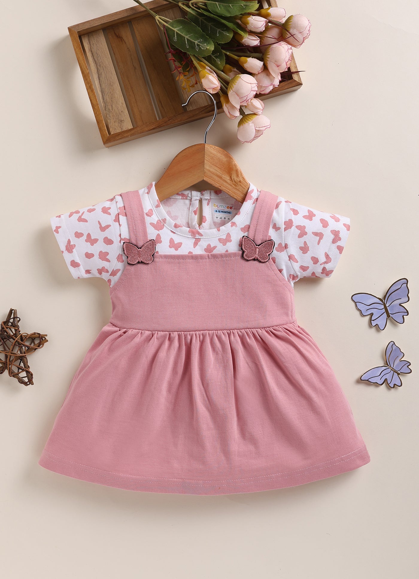 Pink & Off White Girls Half Sleeves Frock / Dress