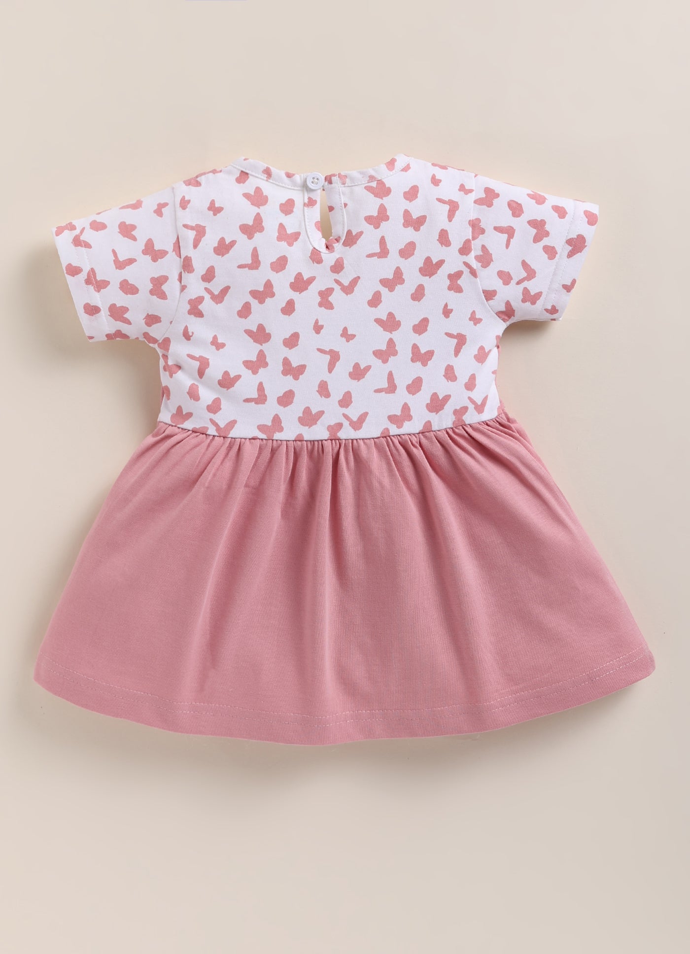 Pink & Off White Girls Half Sleeves Frock / Dress