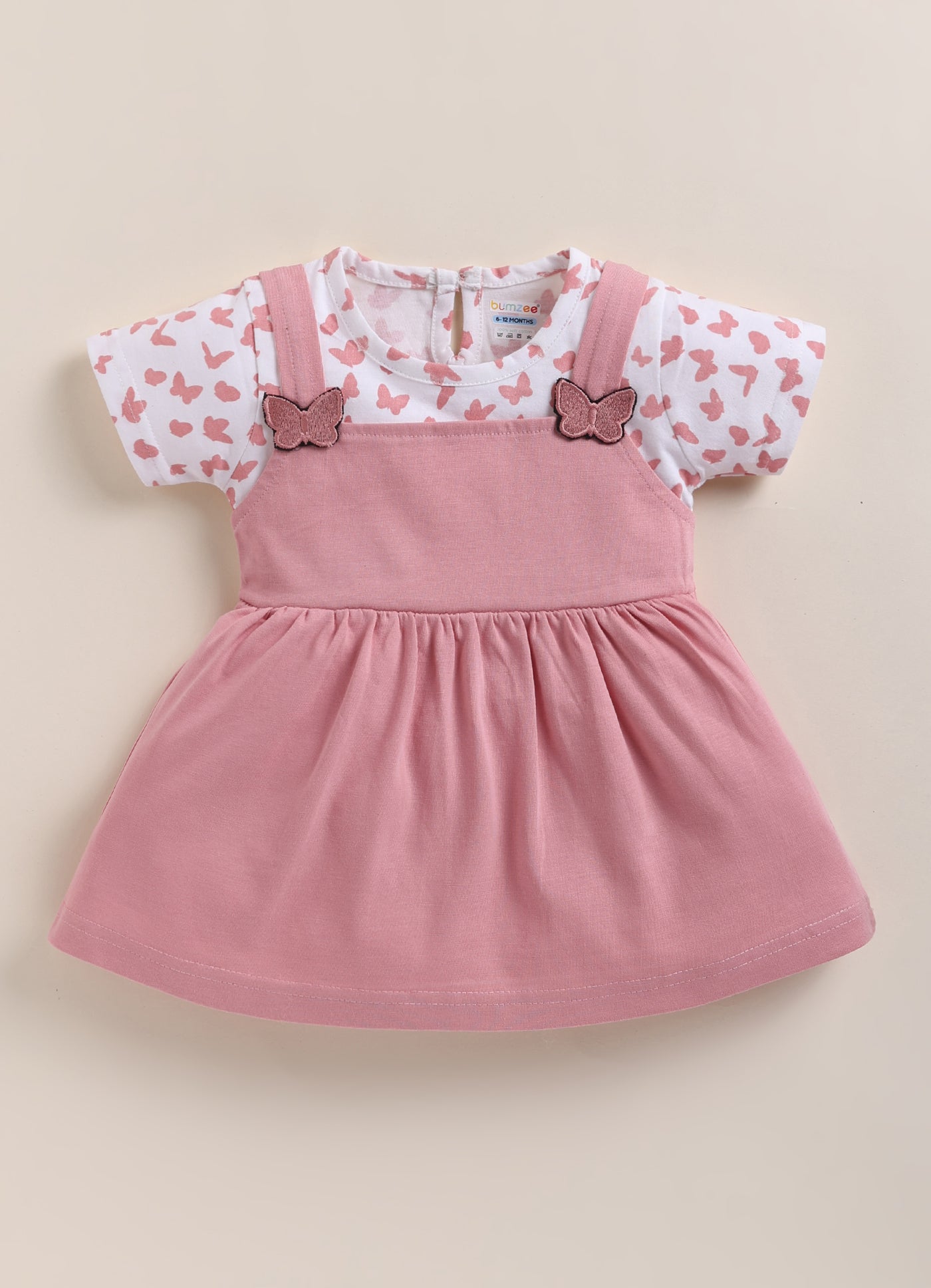 Pink & Off White Girls Half Sleeves Frock / Dress