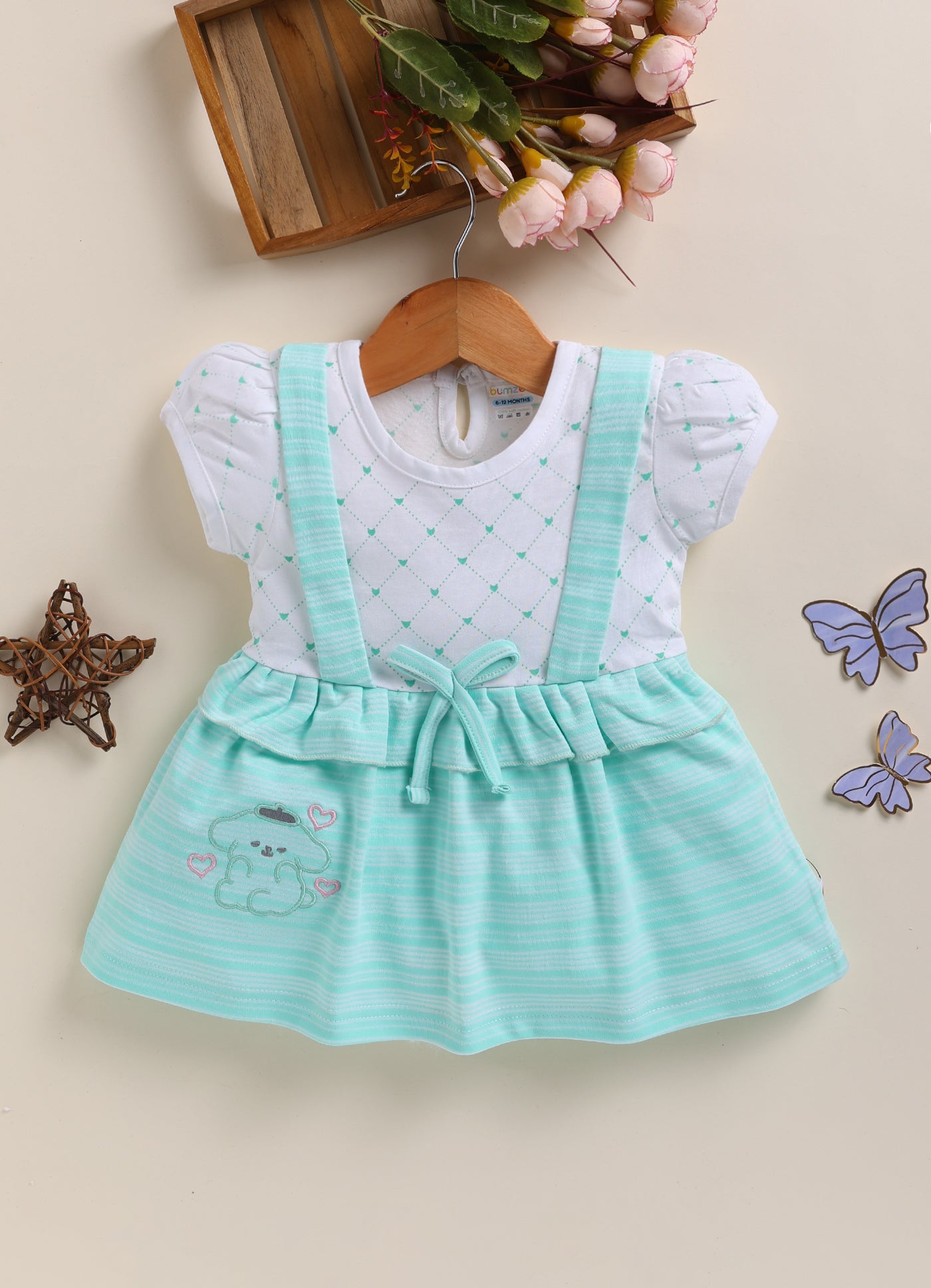 Mint Green & Off white Girls Half Sleeves Frock / Dress