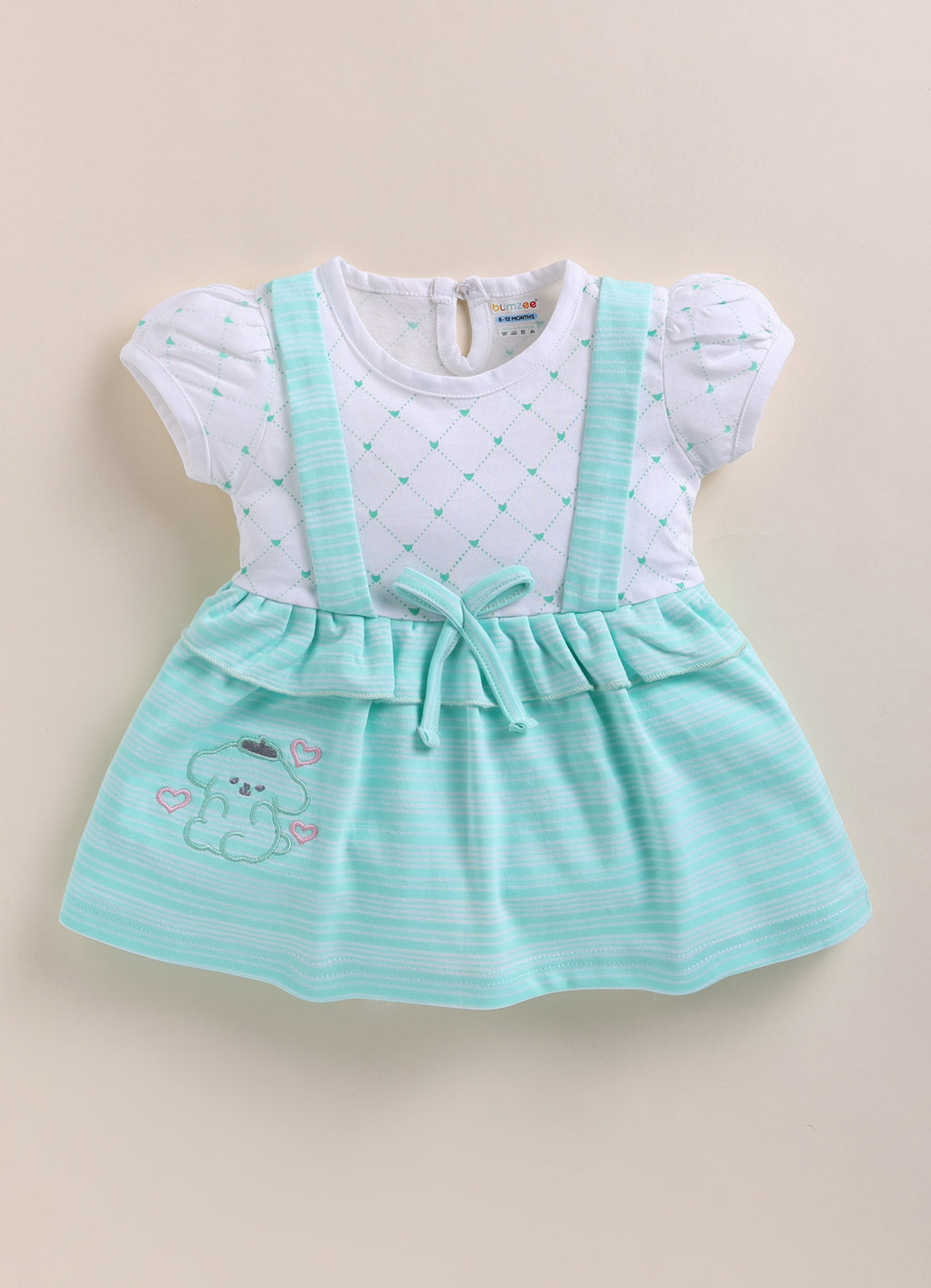 Bumzee Mint Green & Off white Striped Frock, Half Sleeves, 100% Cotton