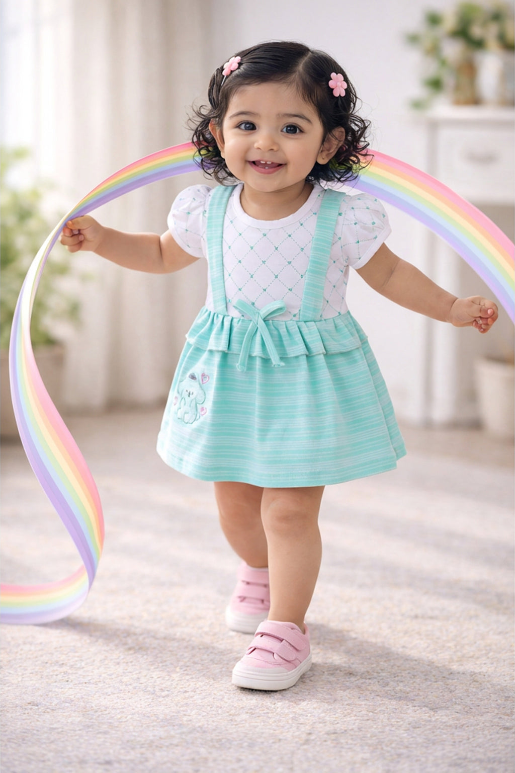Bumzee Mint Green & Off white Striped Frock, Half Sleeves, 100% Cotton