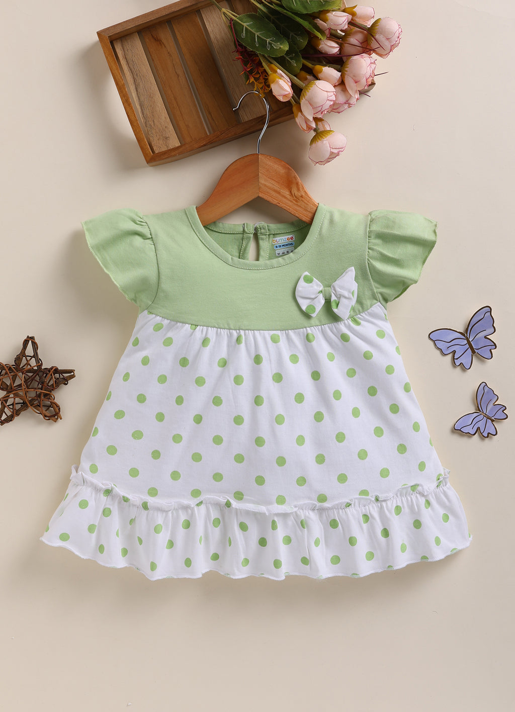 Bumzee Off White & Mint Polka Dot Frock, Half Sleeves, 100% Cotton