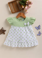 Bumzee Off White & Mint Polka Dot Frock, Half Sleeves, 100% Cotton