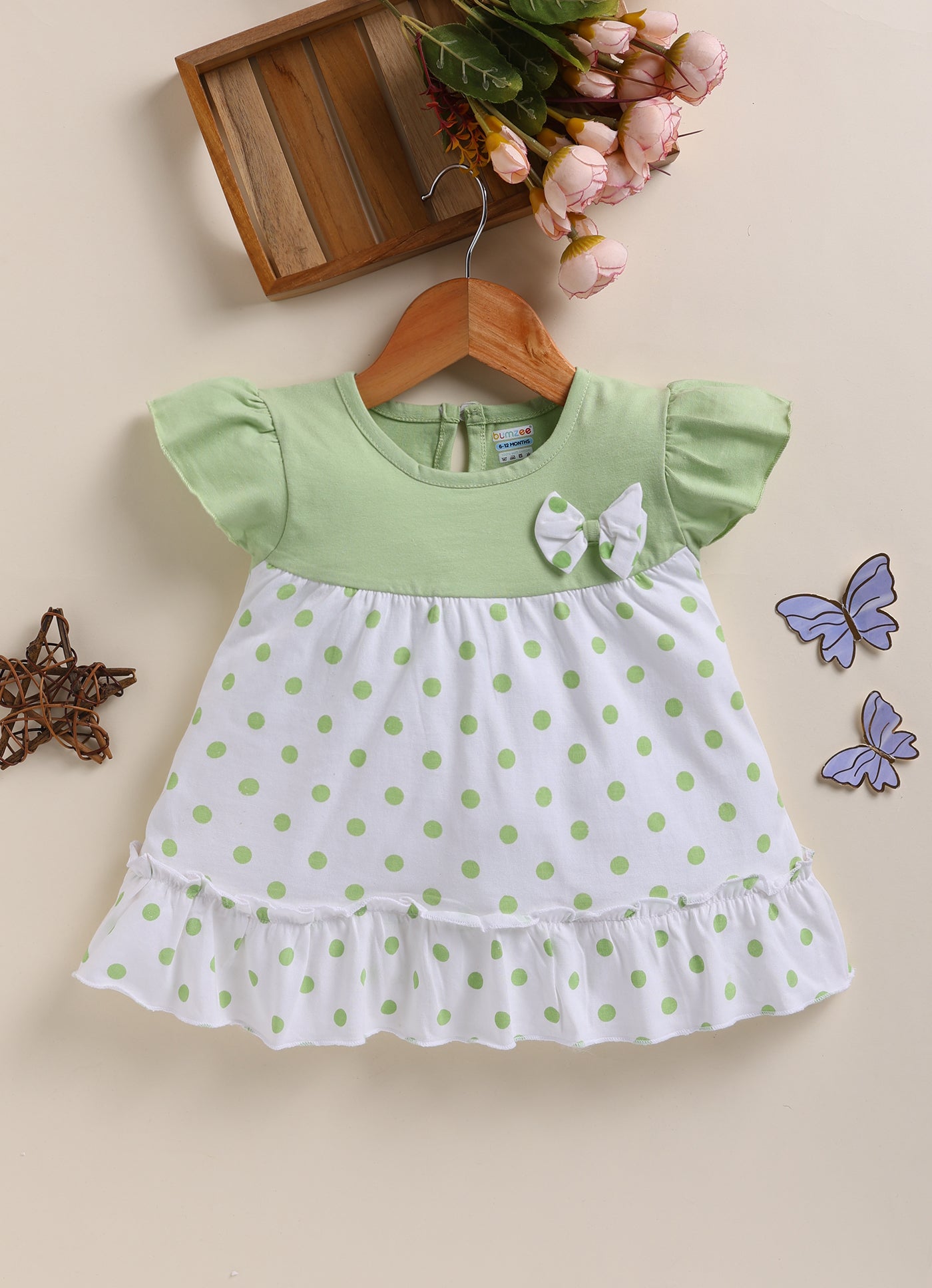 Off White & Mint Girls Half Sleeves Frock / Dress