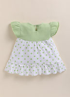 Bumzee Off White & Mint Polka Dot Frock, Half Sleeves, 100% Cotton