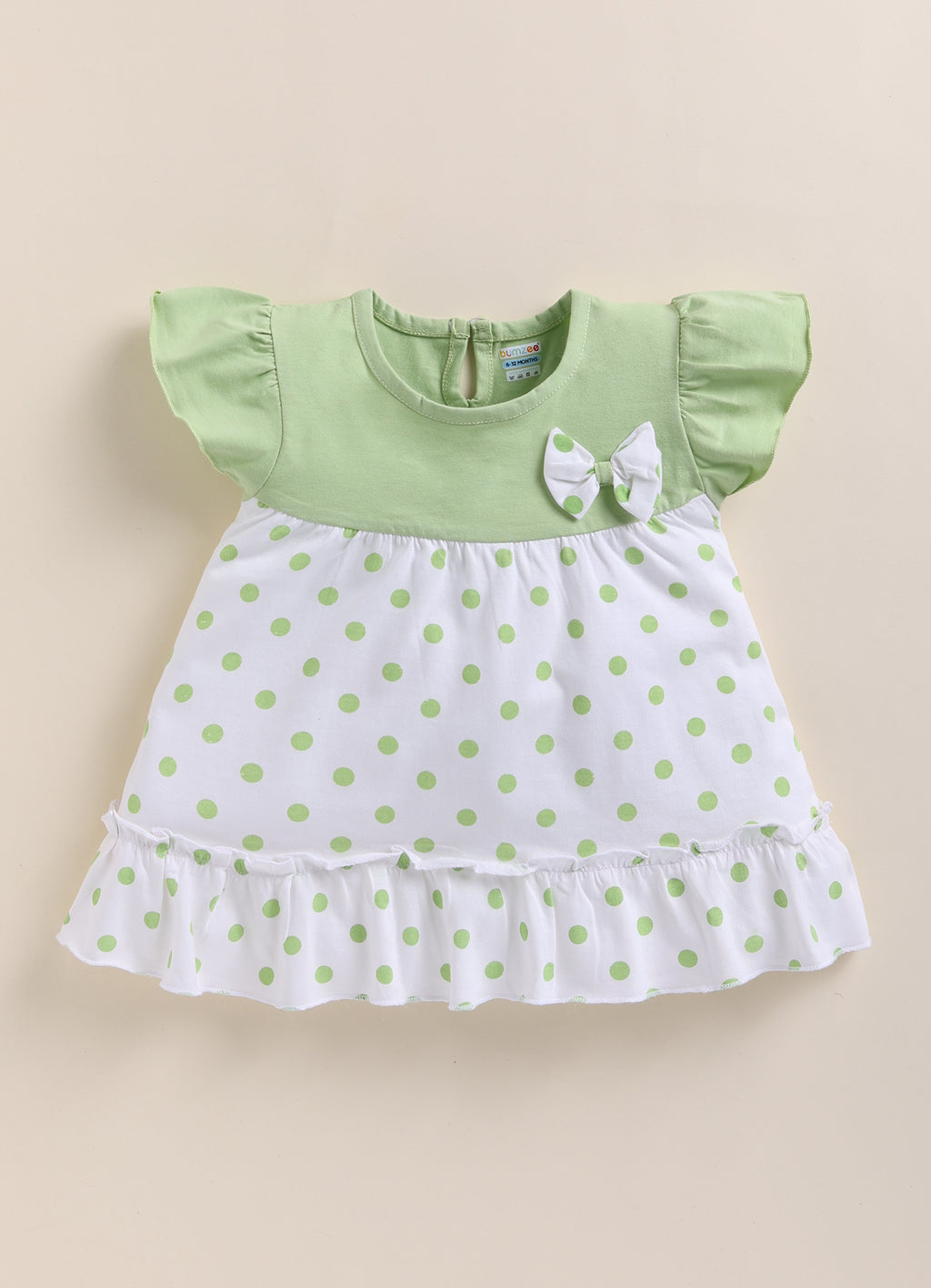 Bumzee Off White & Mint Polka Dot Frock, Half Sleeves, 100% Cotton