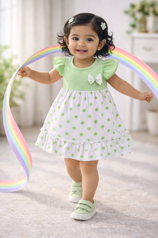 Off White & Mint Girls Half Sleeves Frock / Dress