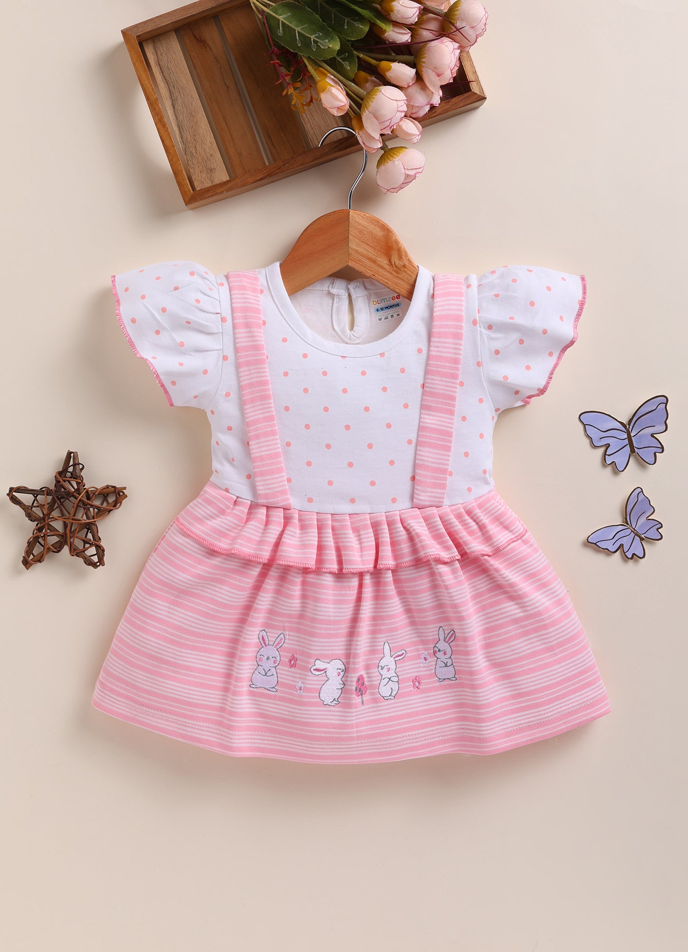 Pink & White Girls Half Sleeves Frock / Dress