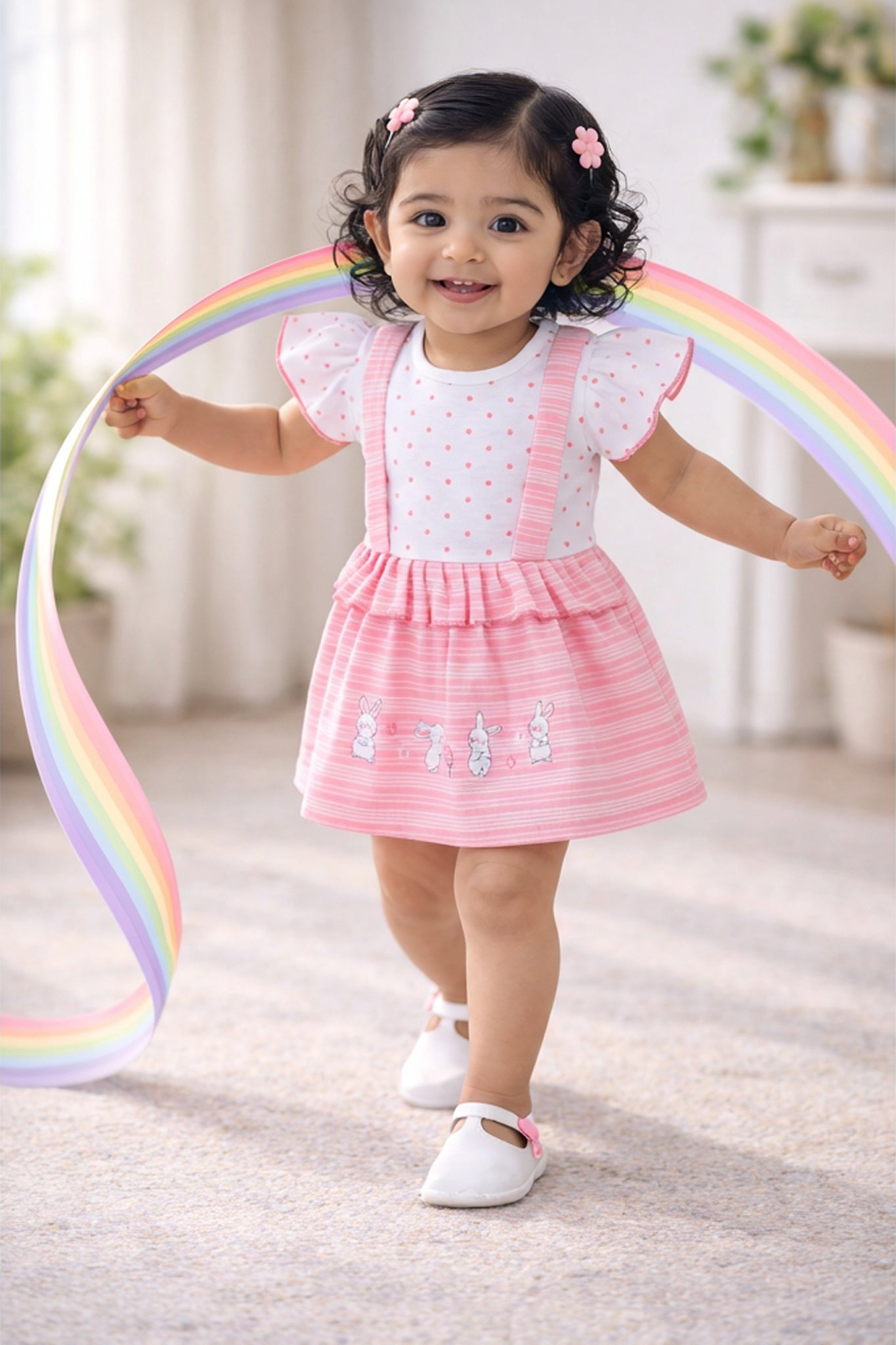 Pink & White Girls Half Sleeves Frock / Dress