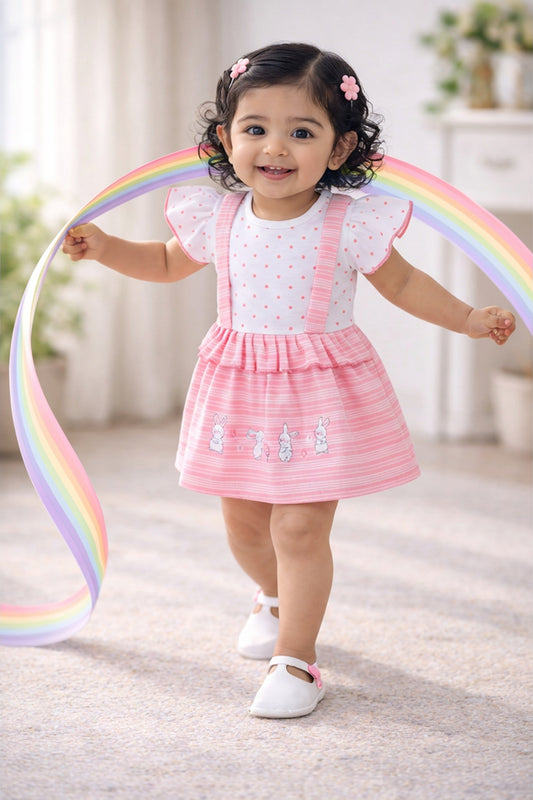 Pink & White Girls Half Sleeves Frock / Dress
