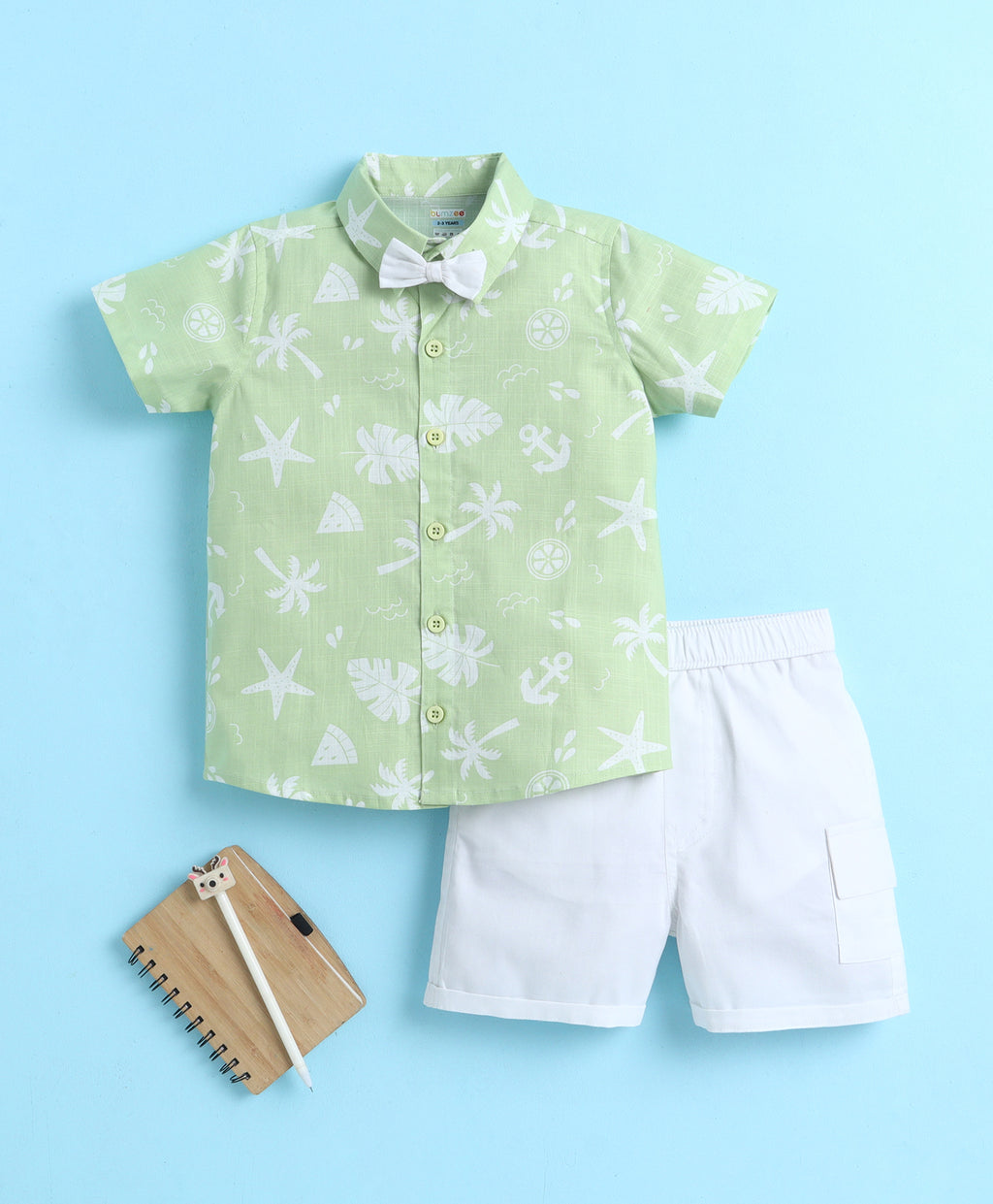 Bumzee Green & White Woven Shirt & Short Set, Half Sleeves, 100% Cotton