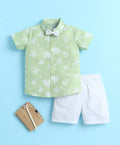 Bumzee Green & White Woven Shirt & Short Set, Half Sleeves, 100% Cotton