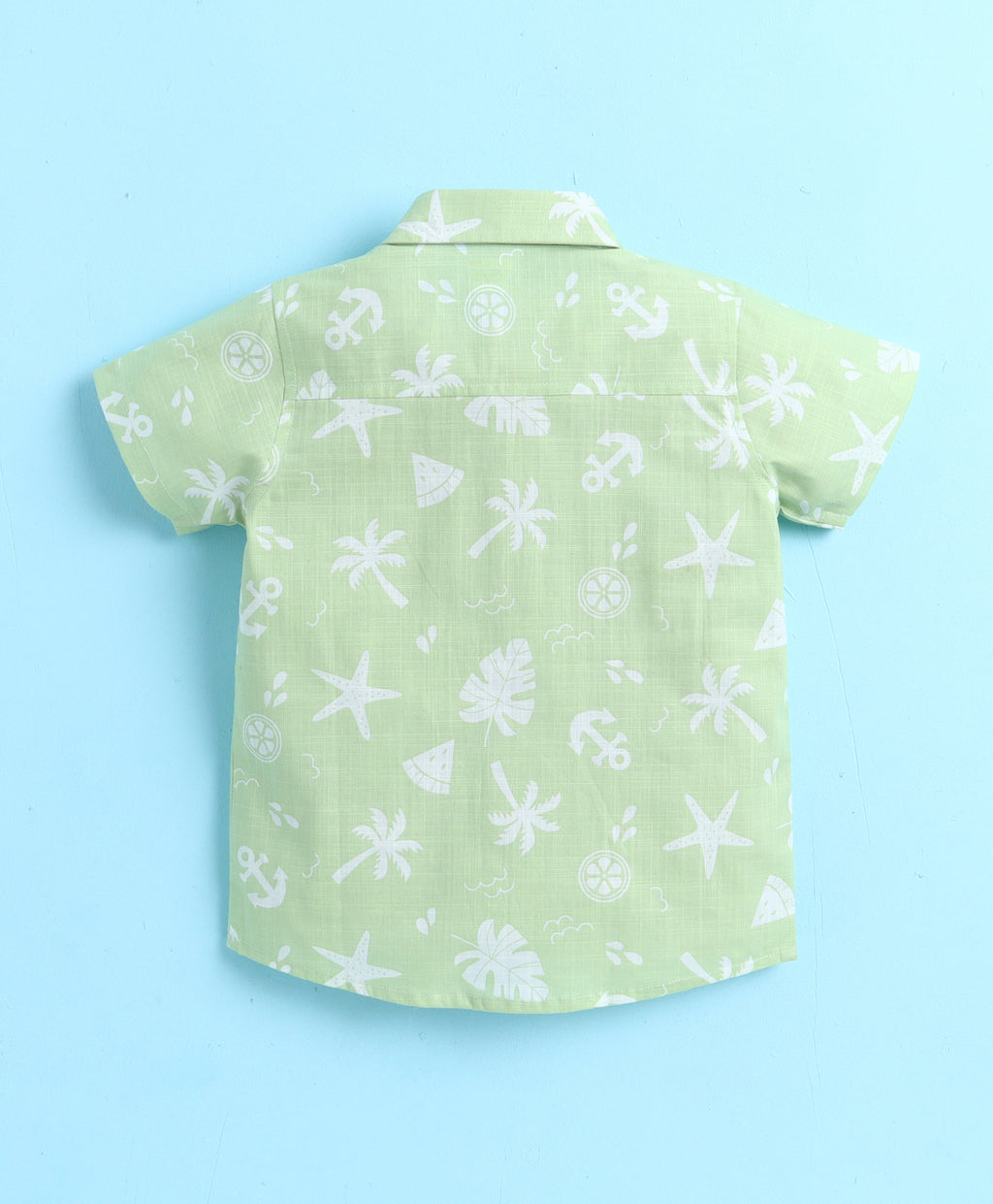 Bumzee Green & White Woven Shirt & Short Set, Half Sleeves, 100% Cotton