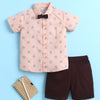BUMZEE Peach & Brown Boys Half Sleeves Cotton Woven Shirt & Short Set With Detachable Bow