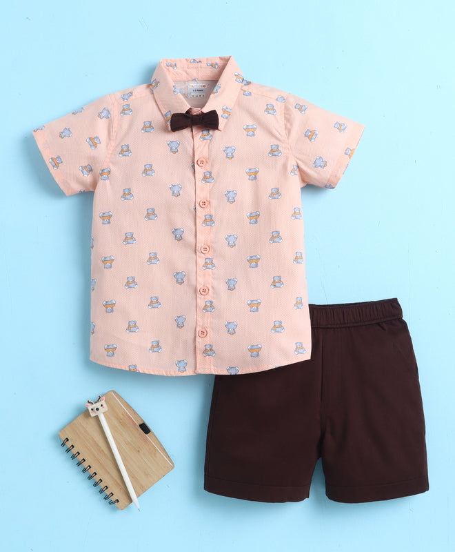 BUMZEE Peach & Brown Boys Half Sleeves Cotton Woven Shirt & Short Set With Detachable Bow