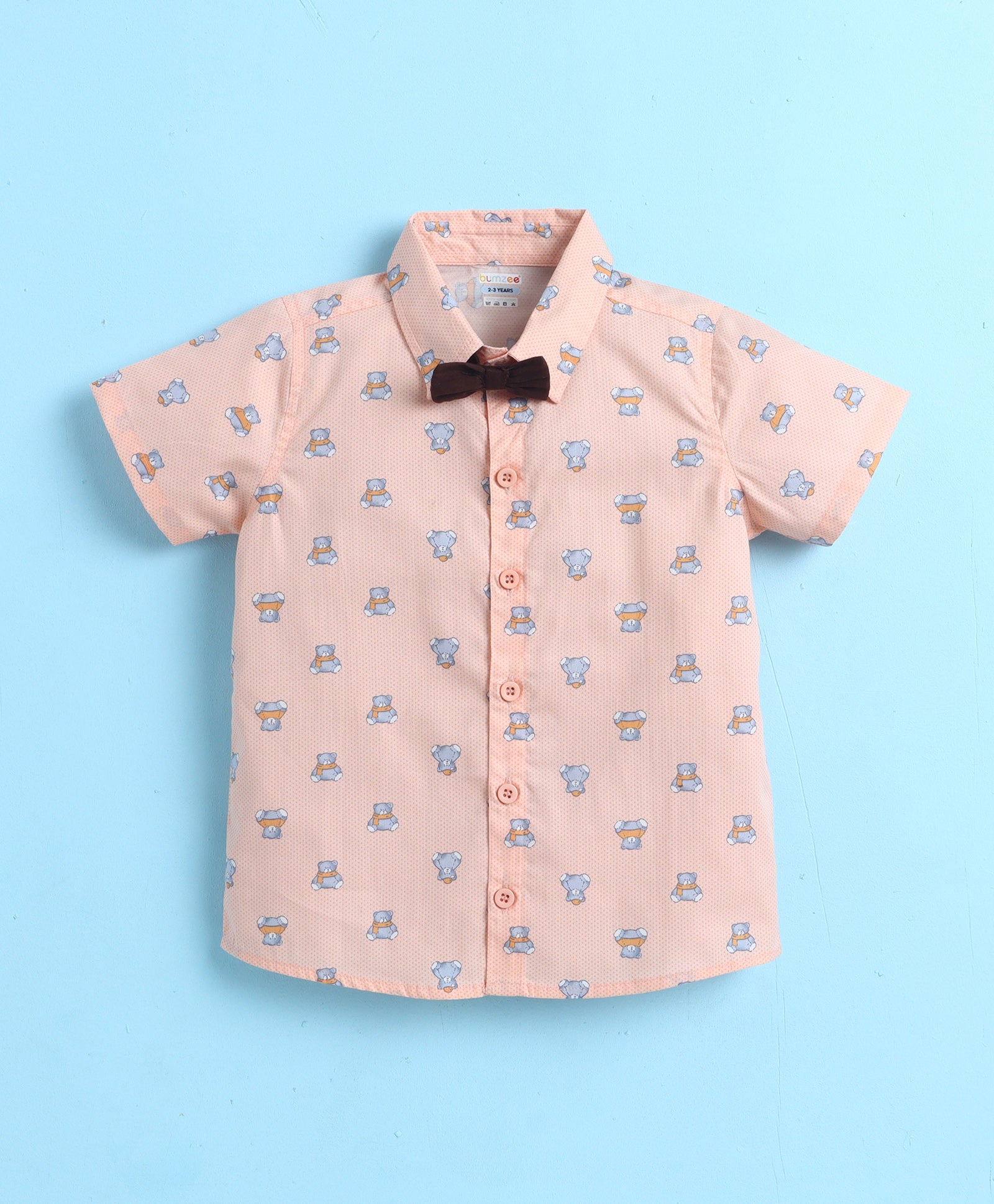 BUMZEE Peach & Brown Boys Half Sleeves Cotton Woven Shirt & Short Set With Detachable Bow