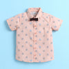 BUMZEE Peach & Brown Boys Half Sleeves Cotton Woven Shirt & Short Set With Detachable Bow
