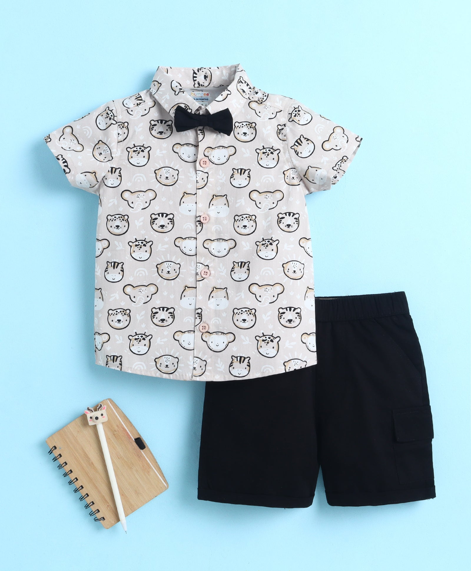 BUMZEE Beige & Black Boys Half Sleeves Cotton Woven Shirt & Short Set With Detachable Bow