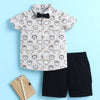 BUMZEE Beige & Black Boys Half Sleeves Cotton Woven Shirt & Short Set With Detachable Bow