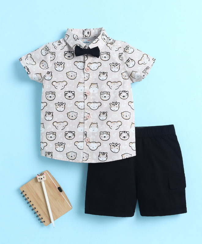 BUMZEE Beige & Black Boys Half Sleeves Cotton Woven Shirt & Short Set With Detachable Bow