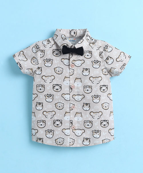 BUMZEE Beige & Black Boys Half Sleeves Cotton Woven Shirt & Short Set With Detachable Bow
