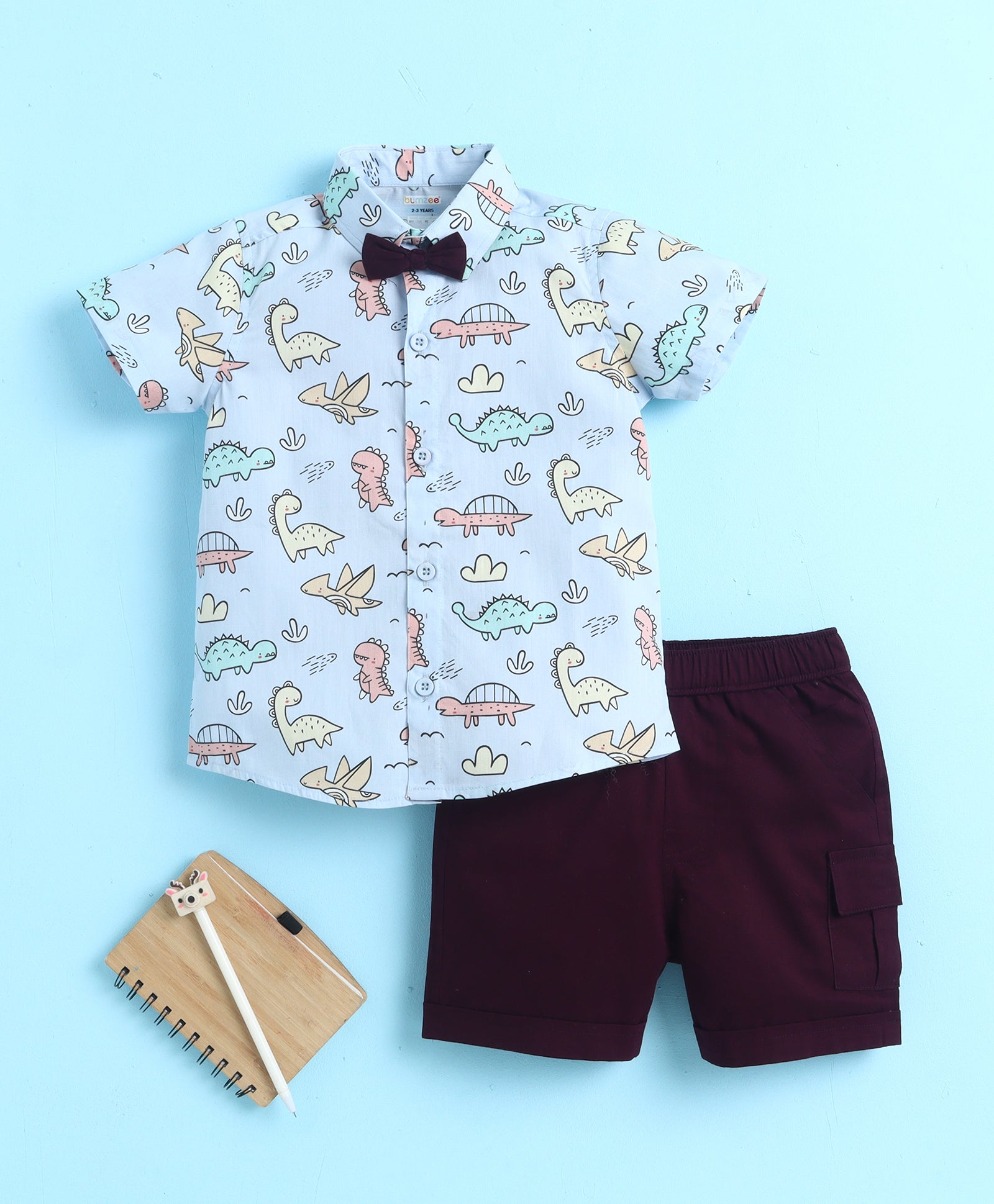 BUMZEE Sky Blue & Wine Boys Half Sleeves Cotton Woven Shirt & Short Set With Detachable Bow