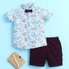 BUMZEE Sky Blue & Wine Boys Half Sleeves Cotton Woven Shirt & Short Set With Detachable Bow
