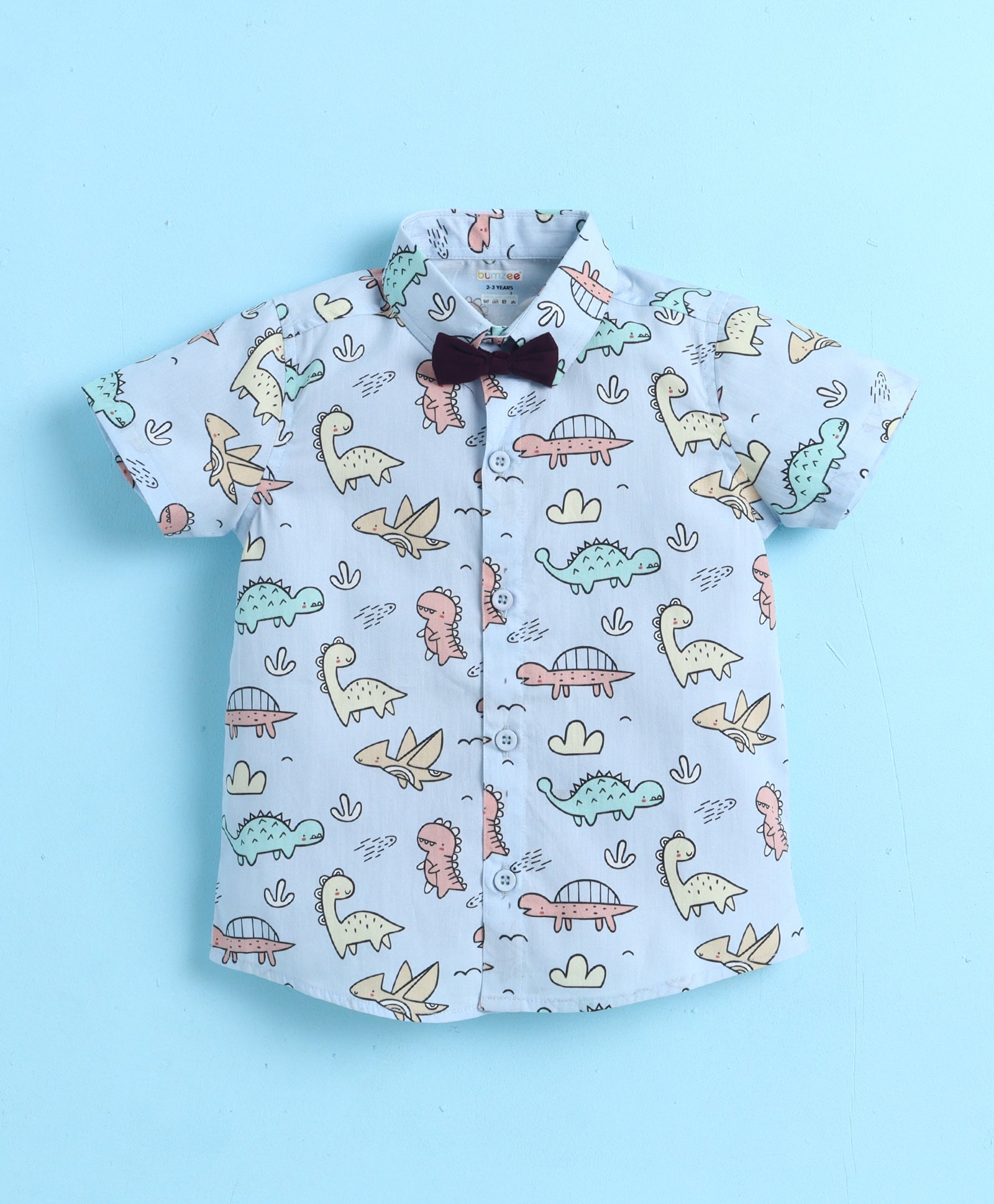 BUMZEE Sky Blue & Wine Boys Half Sleeves Cotton Woven Shirt & Short Set With Detachable Bow