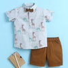 BUMZEE Sky Blue & Khaki Boys Half Sleeves Cotton Woven Shirt & Short Set With Detachable Bow