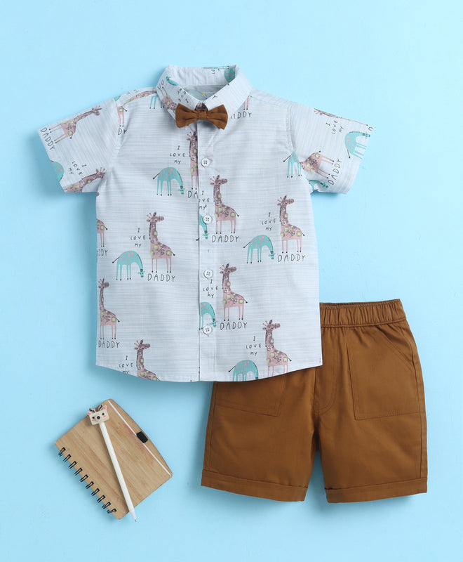 BUMZEE Sky Blue & Khaki Boys Half Sleeves Cotton Woven Shirt & Short Set With Detachable Bow