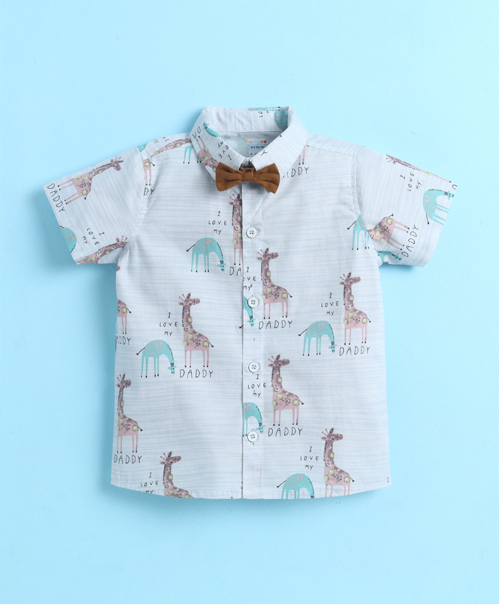 BUMZEE Sky Blue & Khaki Boys Half Sleeves Cotton Woven Shirt & Short Set With Detachable Bow
