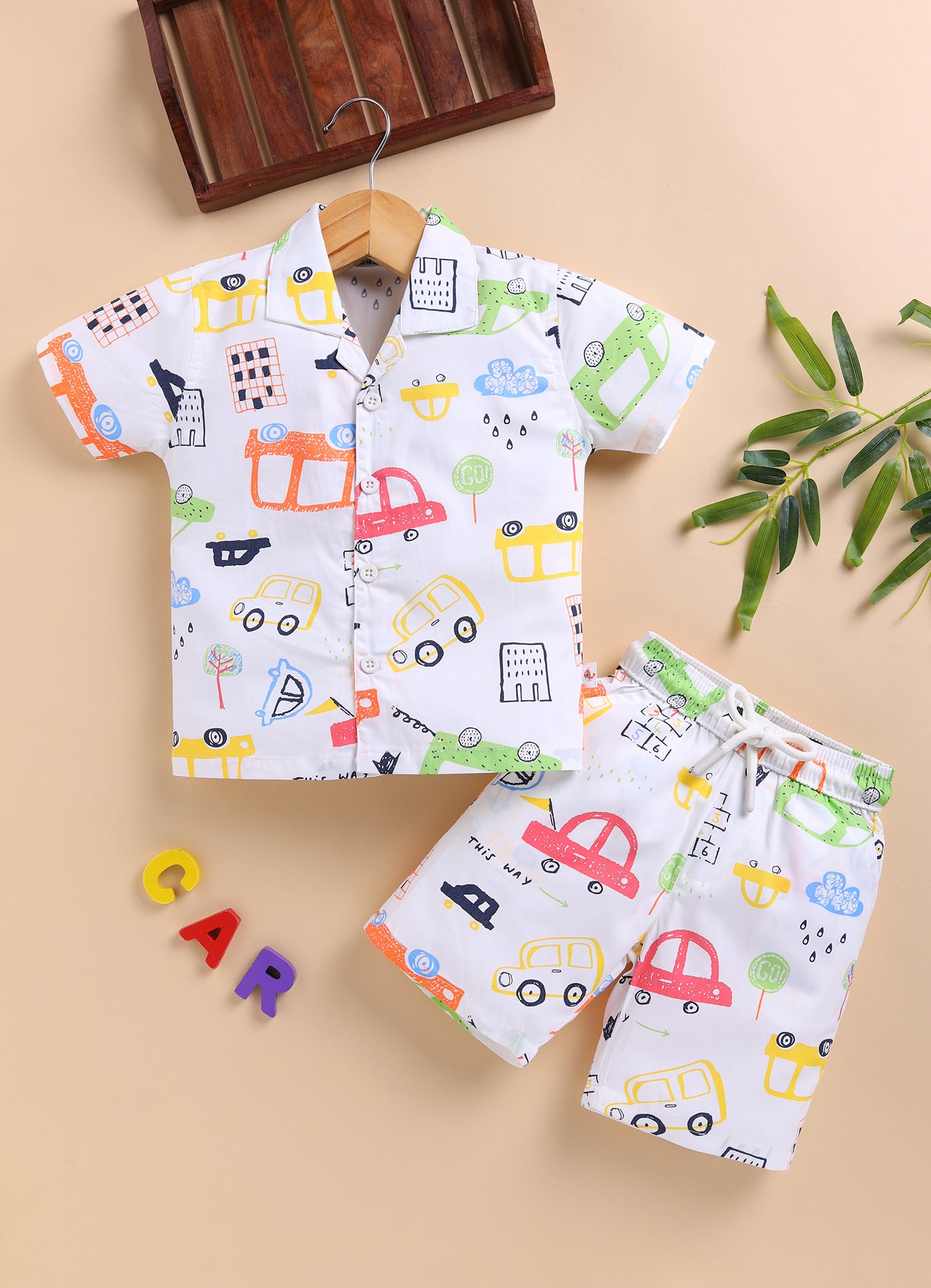 BUMZEE White Boys Half Sleeves Cotton Shirt & Short Set
