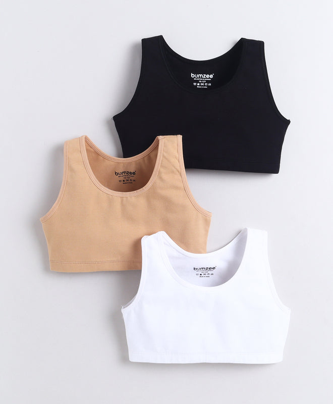 BUMZEE Black & White Girls Cotton Non Padded Beginners Bra Pack of 3