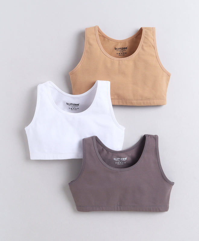 BUMZEE White & Grey Girls Cotton Non Padded Beginners Bra Pack of 3