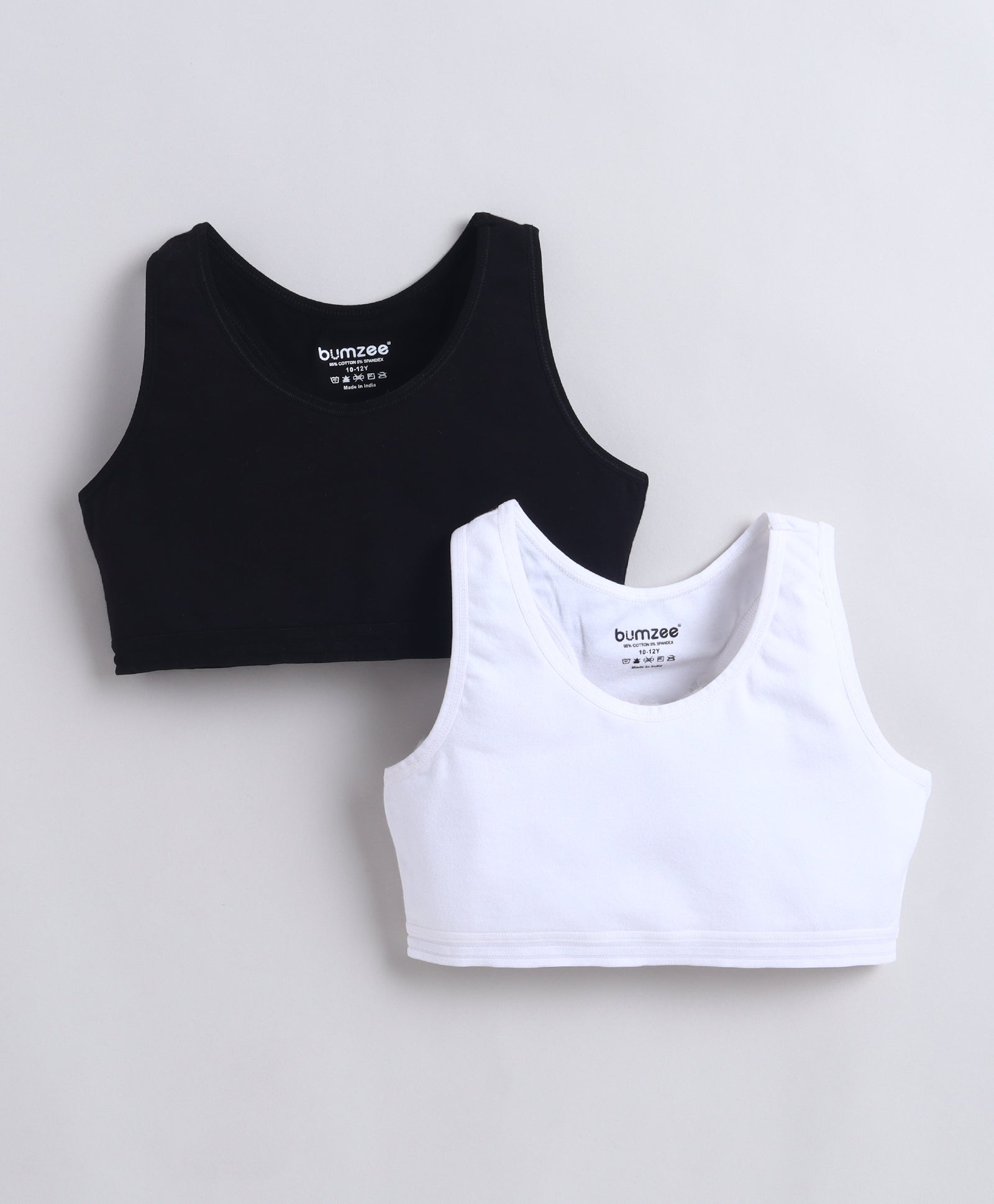 BUMZEE Black & White Girls Cotton Non Padded Beginners Sport Bra Pack of 2