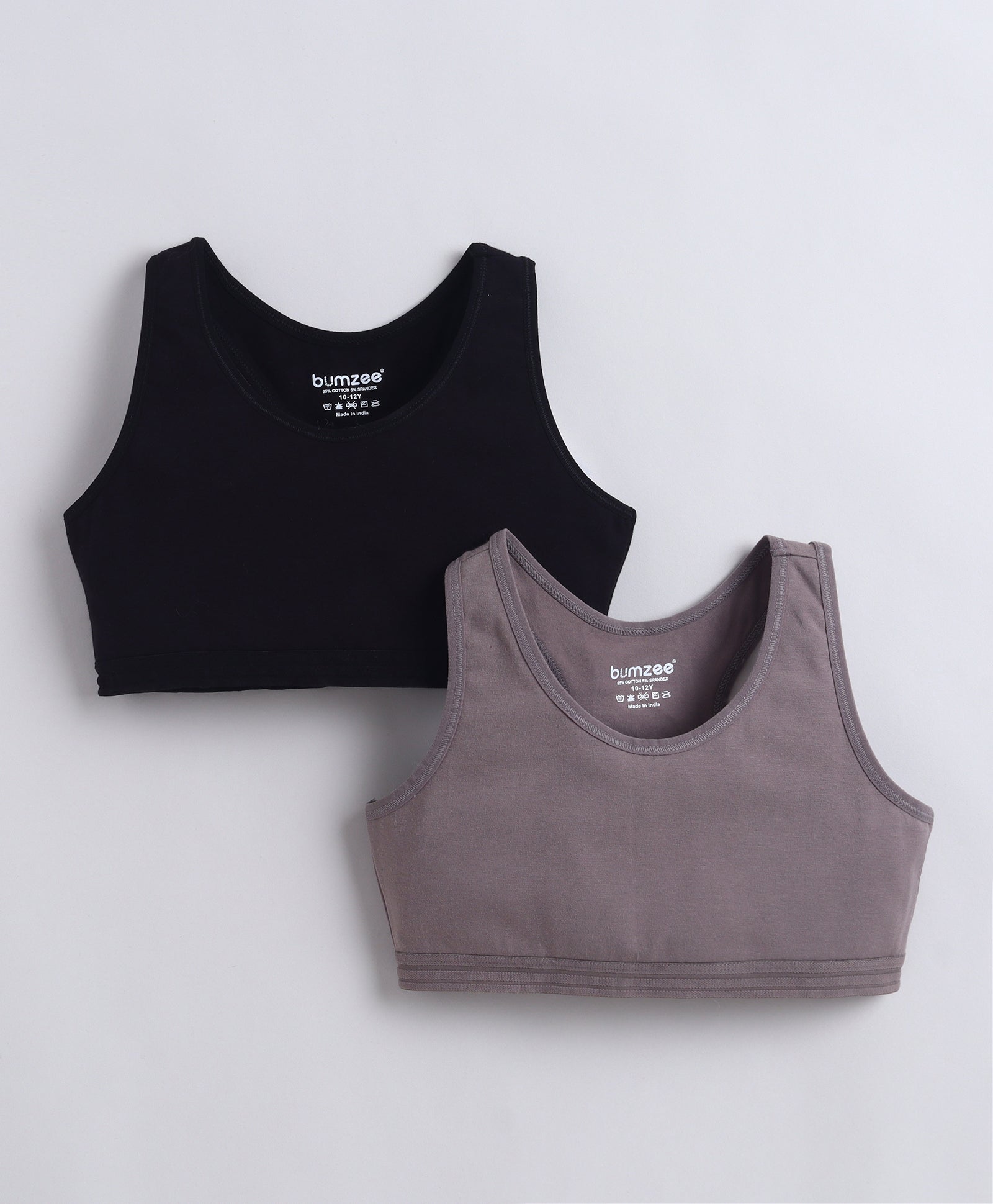 BUMZEE Black & Grey Girls Cotton Non Padded Beginners Sport Bra Pack of 2
