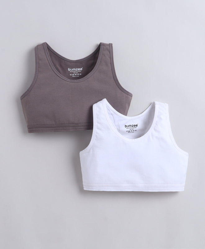 BUMZEE White & Grey Girls Cotton Non Padded Beginners Sport Bra Pack of 2