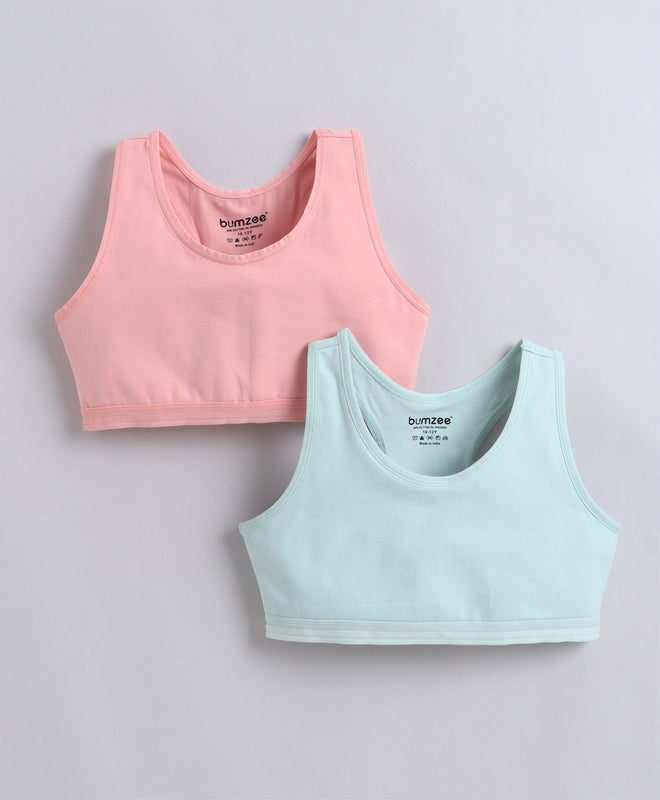BUMZEE Pink & Mint Green Girls Cotton Non Padded Beginners Sport Bra Pack of 2