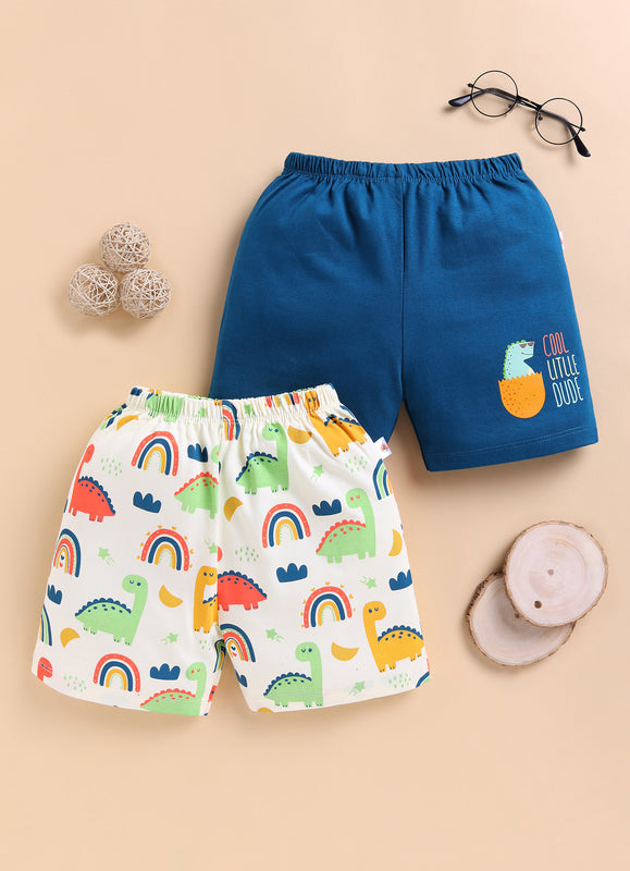 BUMZEE Cream & Teal Blue Boys Shorts Pack Of 2