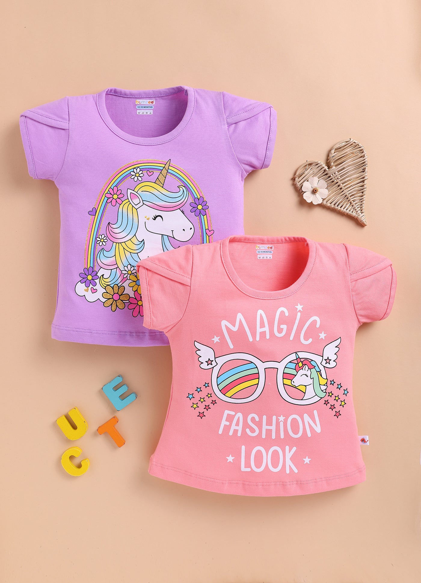 BUMZEE Peach & Lavender Girls Half Sleeves Cotton T-Shirts Pack Of 2