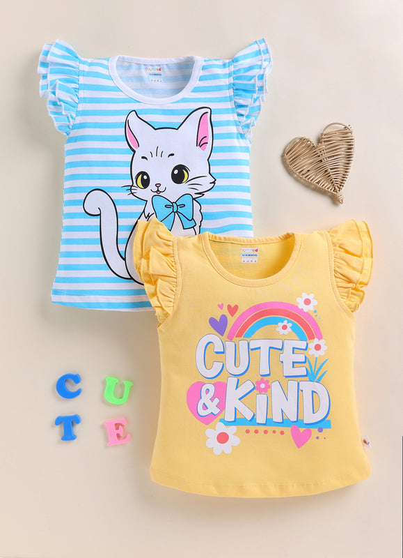 BUMZEE Yellow & Blue Girls Half Sleeves Cotton T-Shirts Pack Of 2