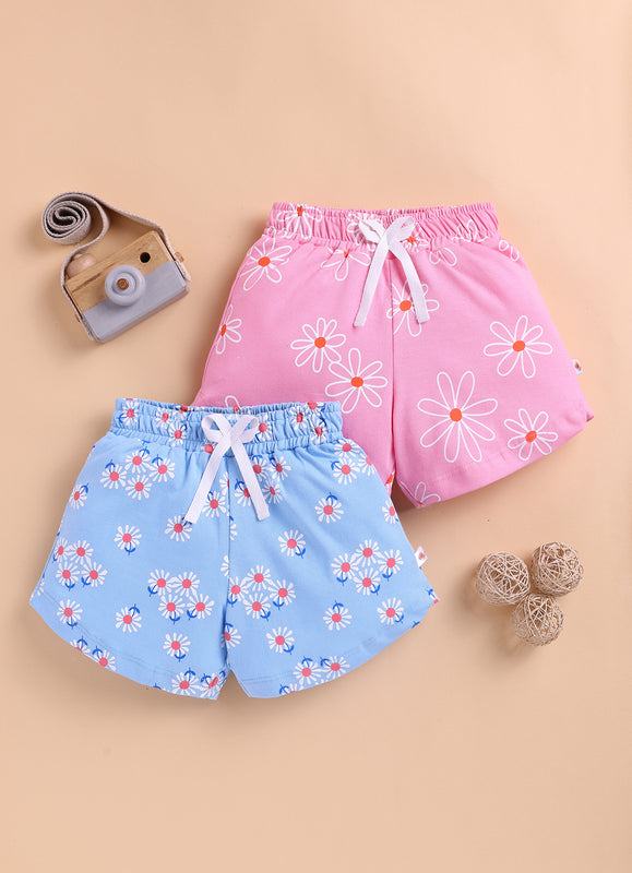 BUMZEE Pink & Sky Blue Girls Shorts Pack Of 2