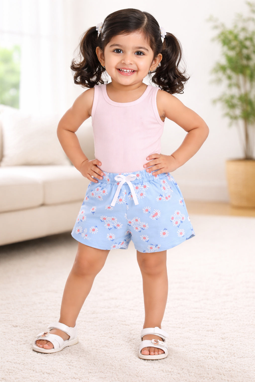 BUMZEE Pink & Sky Blue Girls Shorts Pack Of 2
